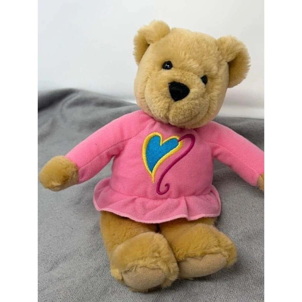 Vintage Hallmark Love & Kiss Bears Stuffed Teddy Bear Pink  Overalls Heart 9”